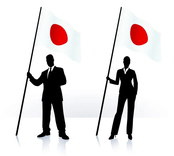 Silhouette aziendali con bandiera sventolante del Giappone — Vettoriale Stock