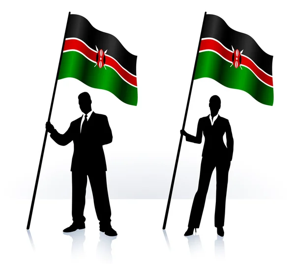 Business silhouettes with waving flag of Kenia — Stockvector