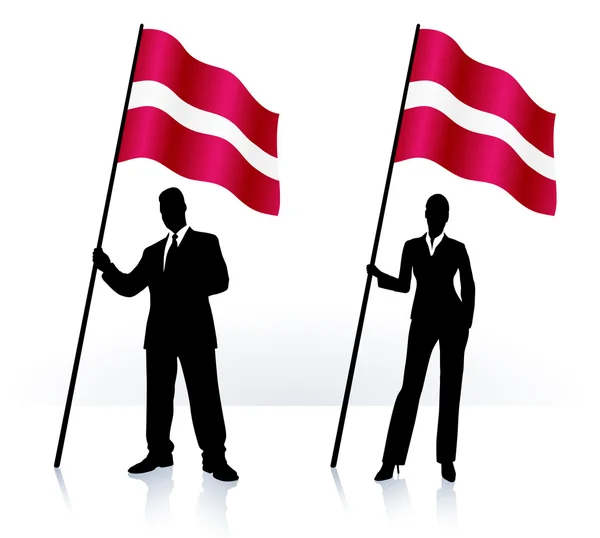 Business silhouettes with waving flag of Latvia — Stock Vector