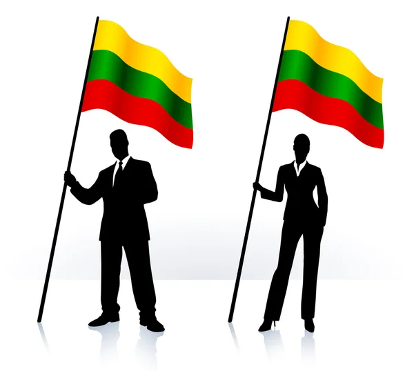 Business silhouettes with waving flag of Lithuania — Stock Vector