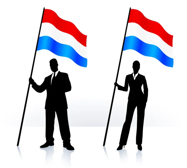 Business silhouettes with waving flag of Luxenburg — Stock Vector