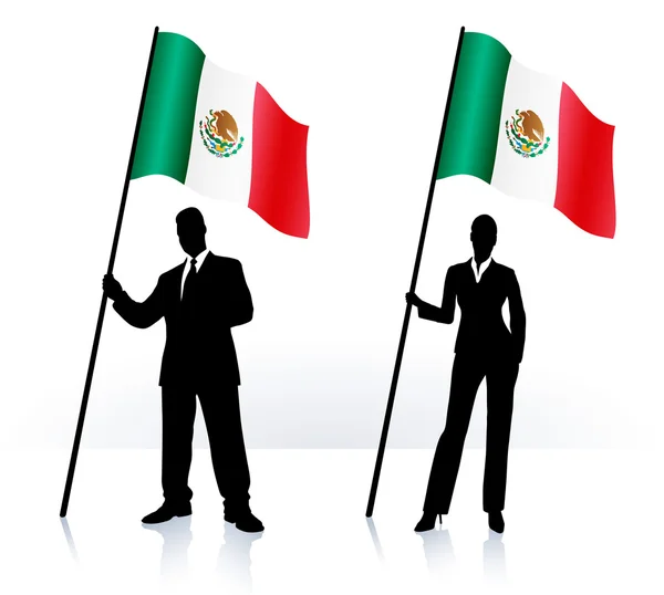 Business silhouettes with waving flag of Mexico — Stock Vector