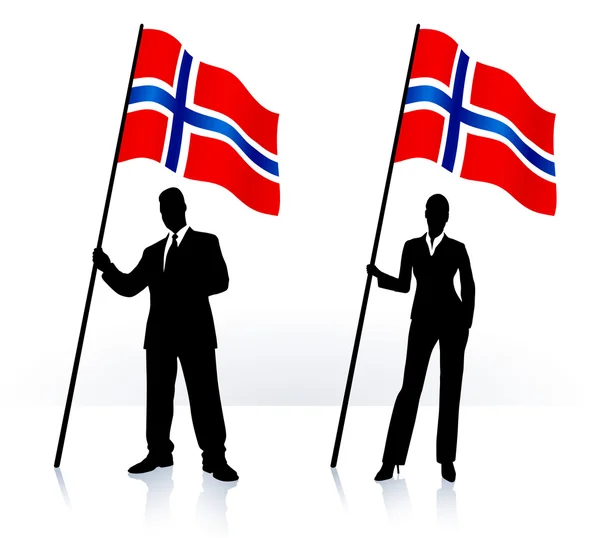 Business silhouettes with waving flag of Norway — Stock Vector