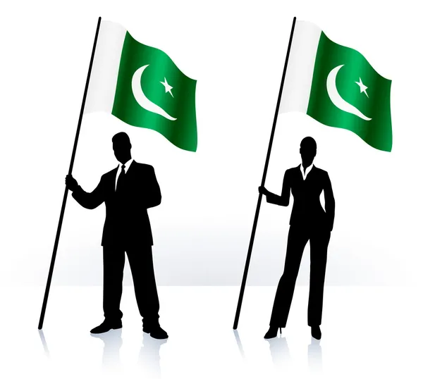 Business silhouettes with waving flag of Pakistan — Stock Vector