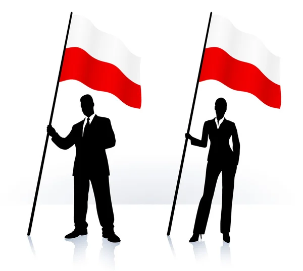 Polonya bayrağı sallayarak ile iş silhouettes — Stok Vektör