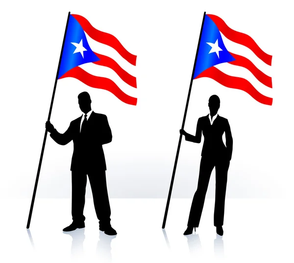 Business silhouettes with waving flag of Puerto Rico — Stock Vector