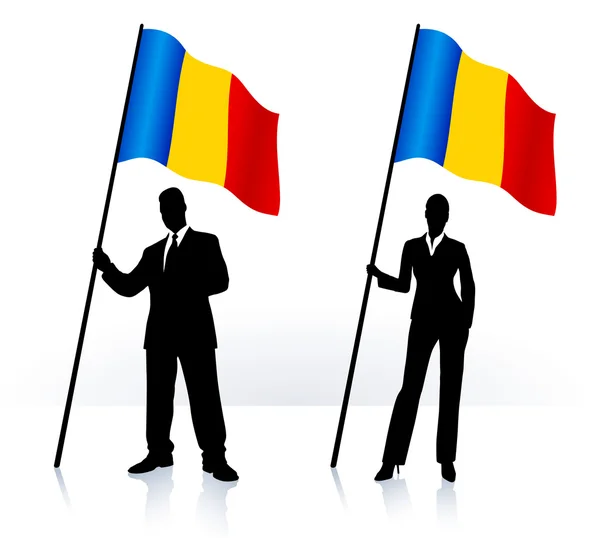 Romanya bayrağı sallayarak ile iş silhouettes — Stok Vektör