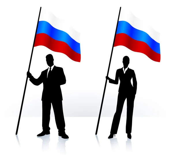 Business silhouettes with waving flag of Russia — Stock Vector
