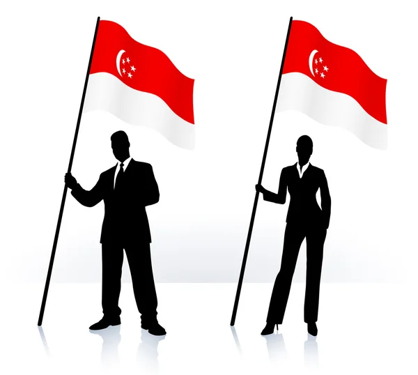 Business silhouettes with waving flag of Singapore — Stock Vector