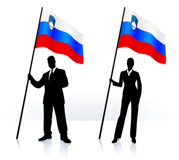 Silhouette aziendali con bandiera sventolante della Slovenia — Vettoriale Stock