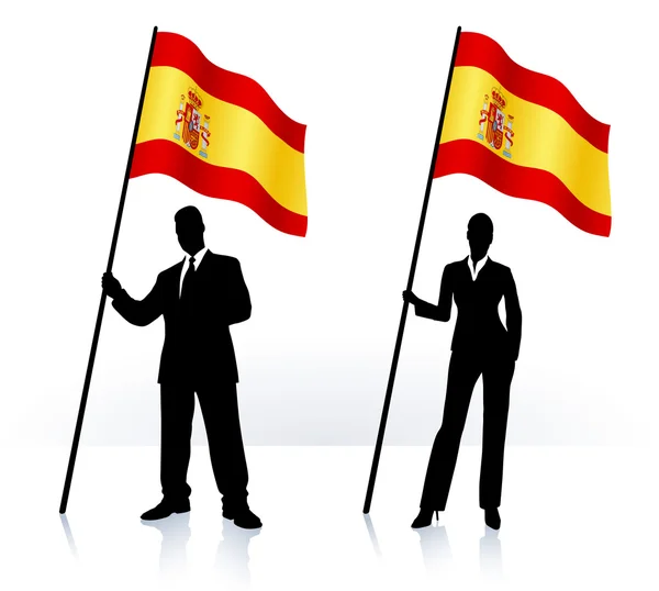 Sílhuetas de negócios com bandeira ondulante da Espanha — Vetor de Stock