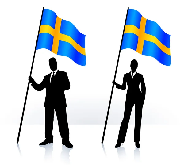 Business silhouettes with waving flag of Sweden — Stock Vector