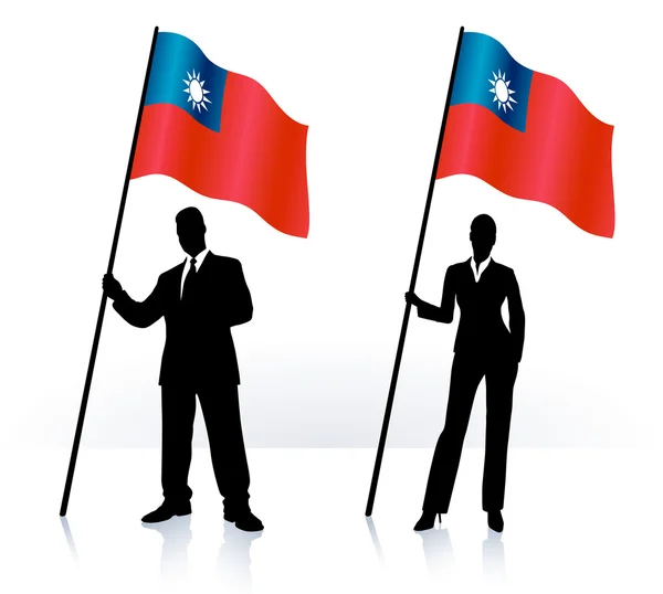Business silhouettes with waving flag of Taiwan — Stock Vector