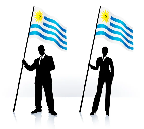 Zakelijke silhouetten met zwaaien vlag van uruguay — Stockvector