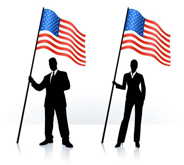Silhouette aziendali con bandiera sventolante degli Stati Uniti d'America — Vettoriale Stock