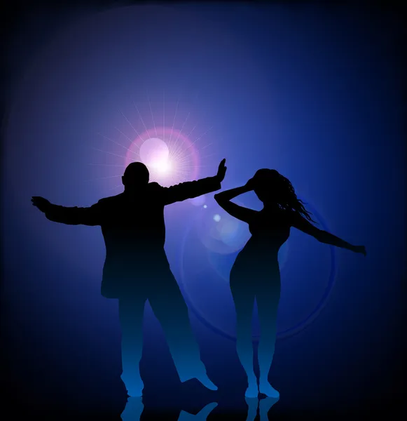Homem e mulher dançando no foguete da lente vetorial — Vetor de Stock