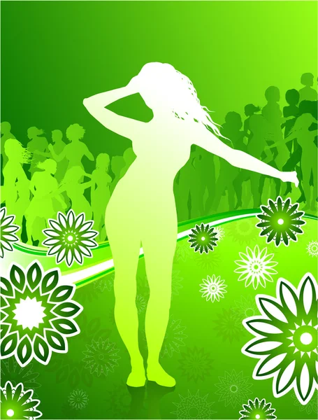 Sexy mladá dívka tančí na letní květinové pozadí — Stockový vektor