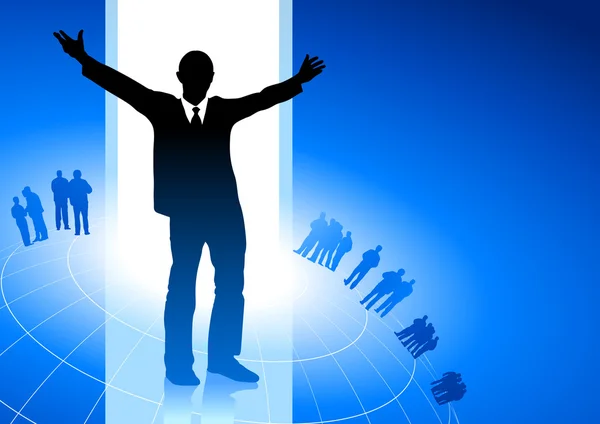 Excité homme d'affaires avec équipe d'affaires sur backgrou internet bleu — Image vectorielle