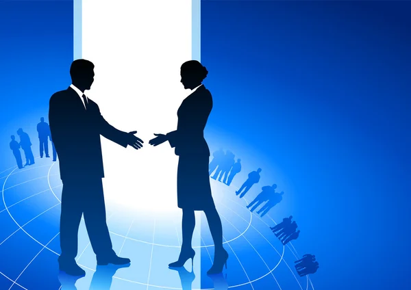 Homme d'affaires et femme d'affaires serrant la main fond internet — Image vectorielle
