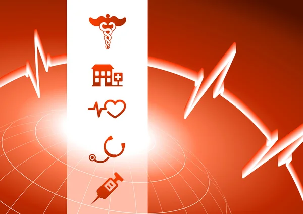 Ikony symbol medyczny na czerwony drut glob tło — Wektor stockowy