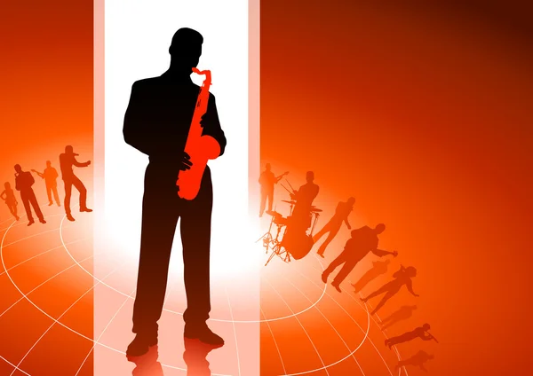 Saxophone avec fond de groupe musical — Image vectorielle
