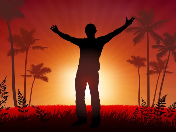 Uomo libero su sfondo tramonto — Vettoriale Stock