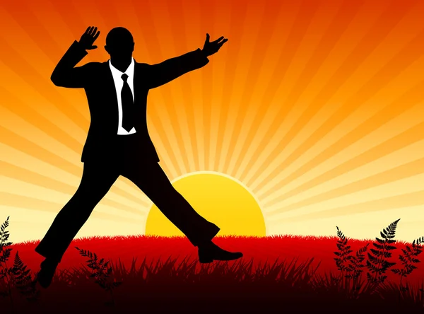 Homme d'affaires excité sur fond de coucher de soleil — Image vectorielle