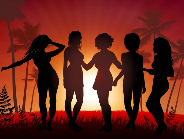 Jovens mulheres festa no pôr do sol fundo —  Vetores de Stock