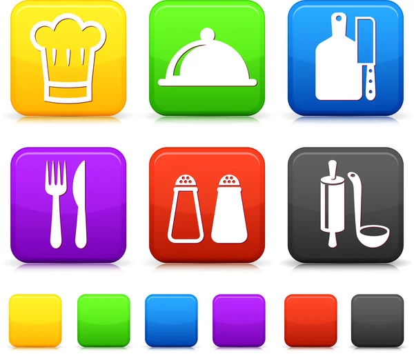 Iconos de comida en botones cuadrados de Internet — Vector de stock