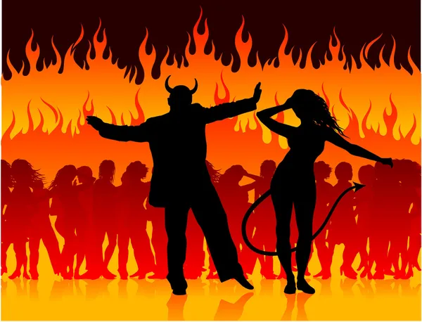 Devil man and woman dancing in hell — Stock Vector