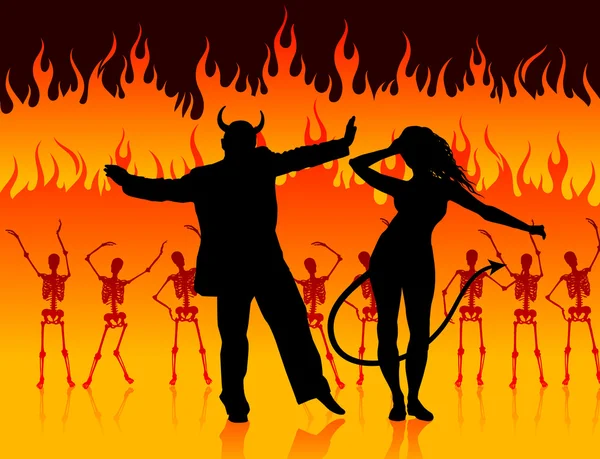 Ďáblové tančí v pozadí peklo s kostlivci a oheň — Stockový vektor