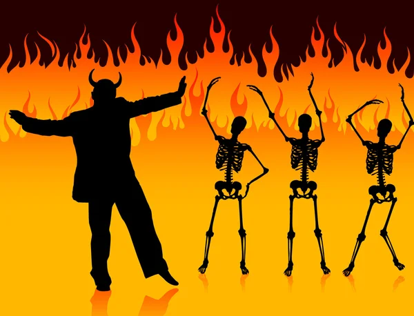 Hombre diablo bailando en el infierno con fuego y esqueletos — Vector de stock