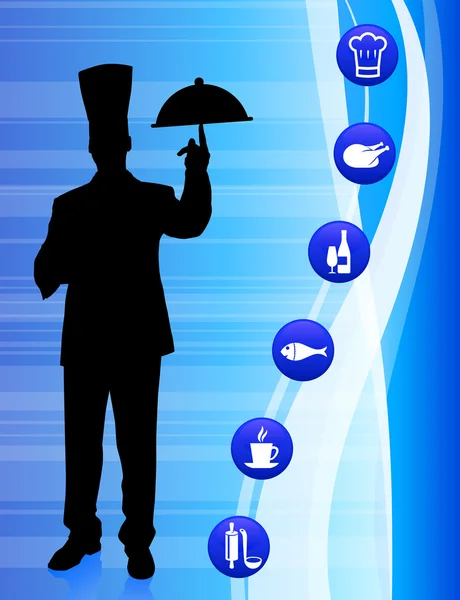 Chef em fundo abstrato azul com botão de internet — Vetor de Stock