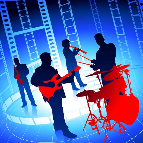 Live Music Band on Film Reel Background — Stock Vector