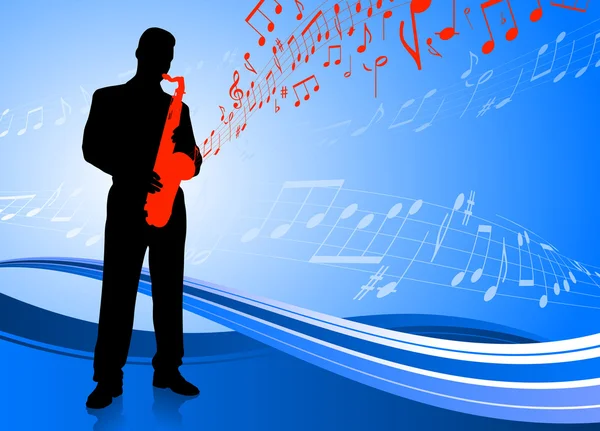 Saxofone player em fundo abstrato azul — Vetor de Stock