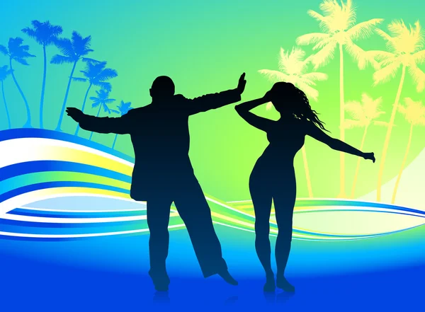 熱帯背景に踊る若いカップル — ストックベクタ