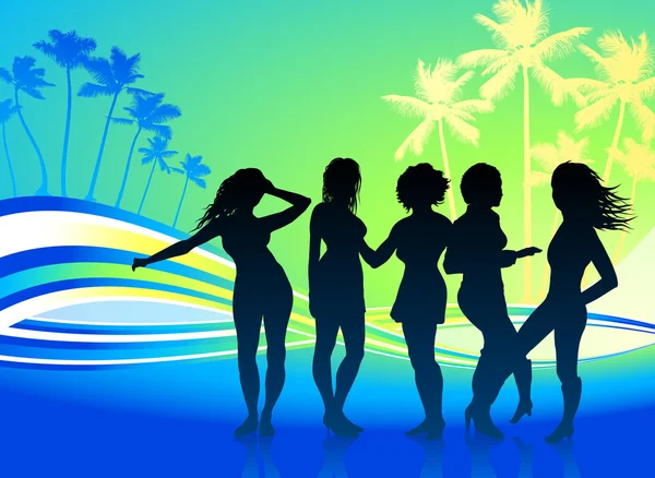 Fête des jeunes femmes sur fond tropical abstrait — Image vectorielle