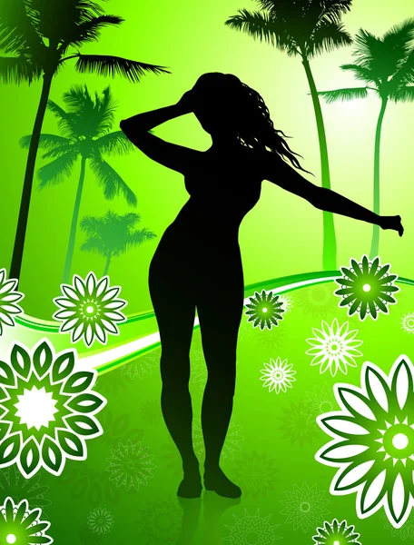 Sexy joven bailando sobre fondo floral de verano — Vector de stock
