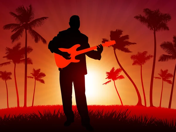 Gitarrspelare på tropisk solnedgång bakgrund — Stock vektor