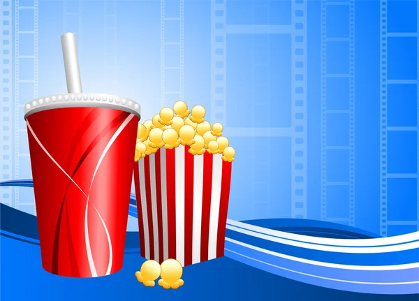 Popcorn und Tasse Limo auf Filmhintergrund — Stockvektor