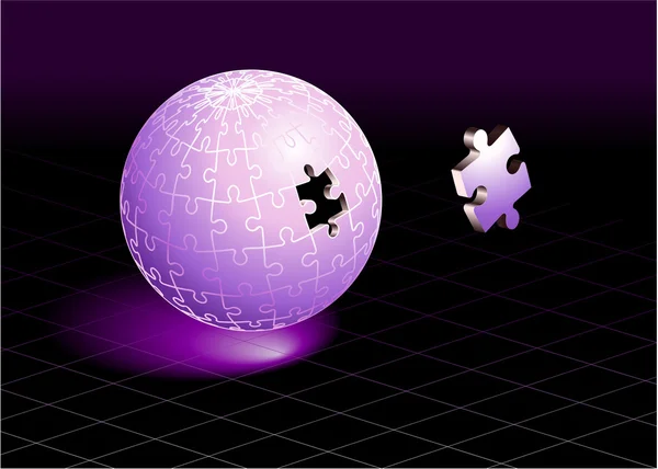 Fehlendes Puzzleteil auf lila Globus — Stockvektor
