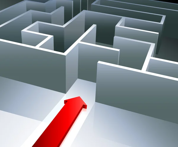 Red arrow begins to enter inside a maze — Stock Vector