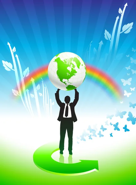 Affärsman på rainbow miljövård bakgrund — Stock vektor