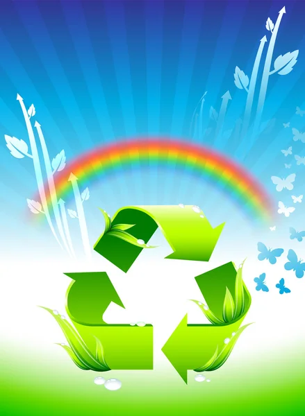 Sinal de reciclagem no fundo de conservação ambiental do arco-íris — Vetor de Stock