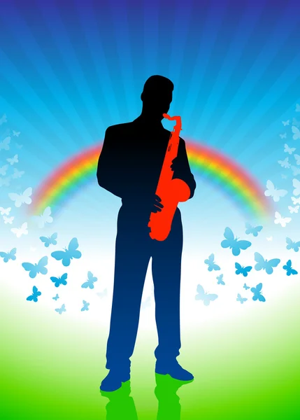 Saxofonist auf Regenbogenhintergrund — Stockvektor