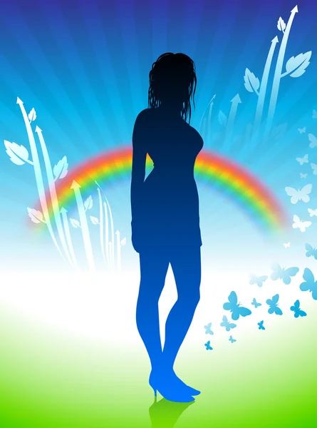 Sexy woman in nature internet background with rainbow — Stock Vector