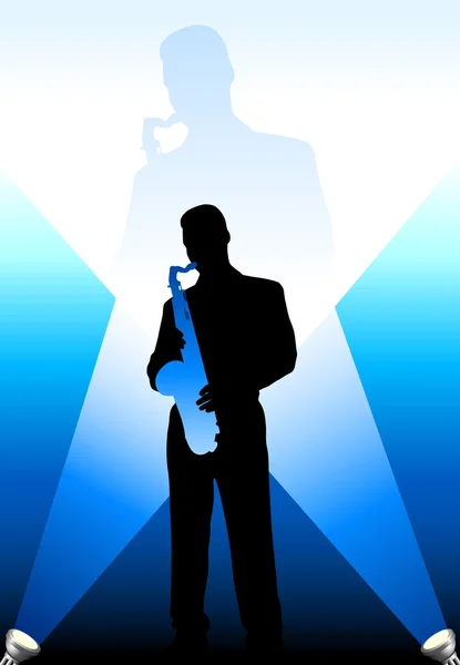 Saxofone player sob as luzes brilhantes —  Vetores de Stock