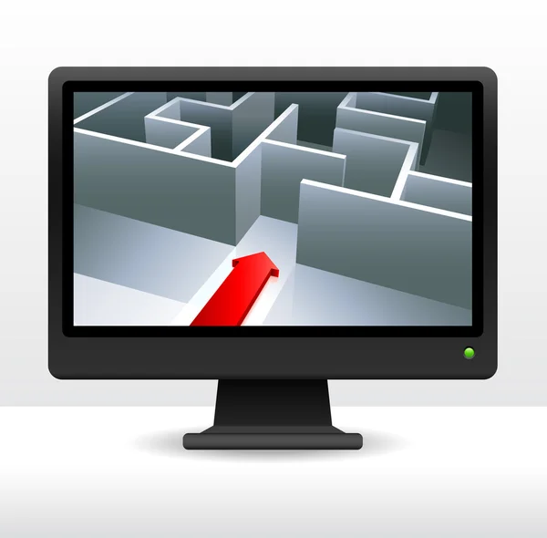 コンピューター画面のインターネットの背景に矢印の付いたビジネス迷路 — ストックベクタ
