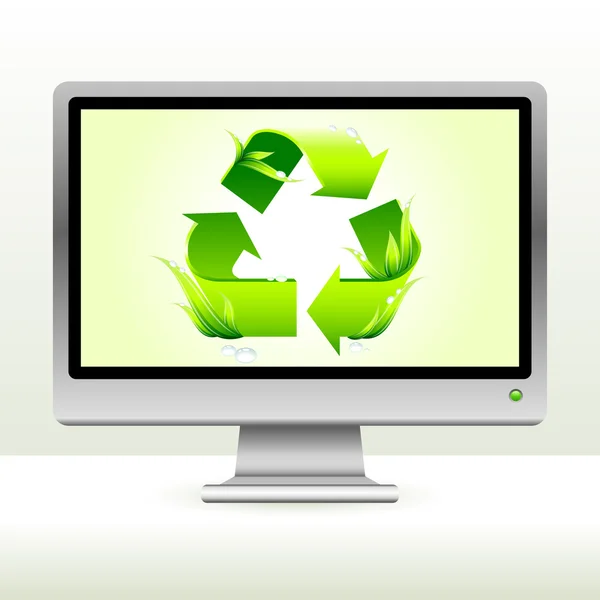 Green recycle symbol on computer screen background — Stock Vector