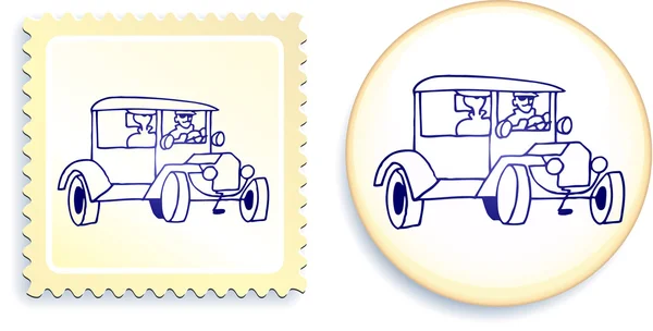 Carro Styel velho no botão e conjunto de selos — Vetor de Stock